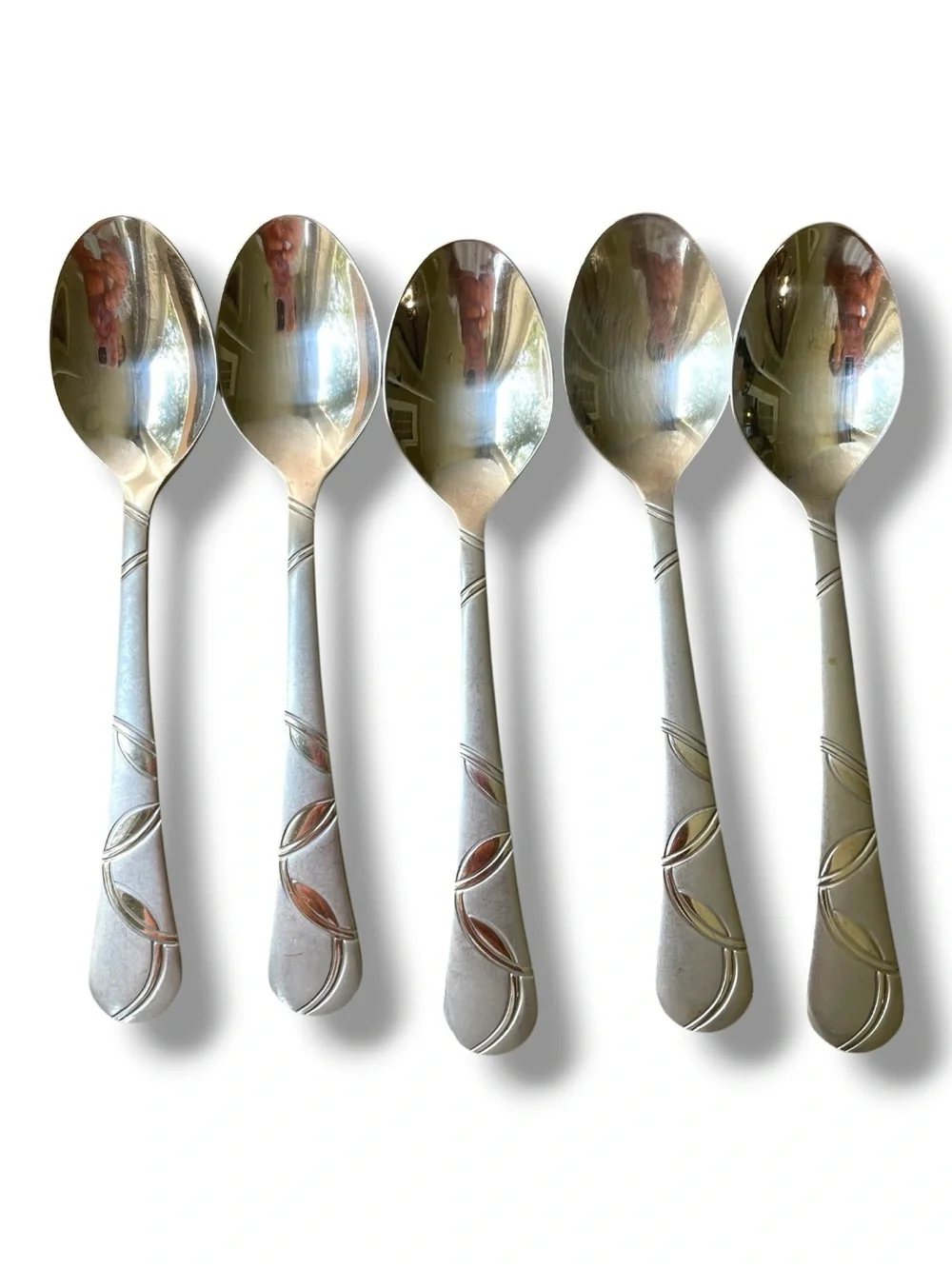 Cambridge stainless, 5 spoons, Felicity pattern, frosted and shiny